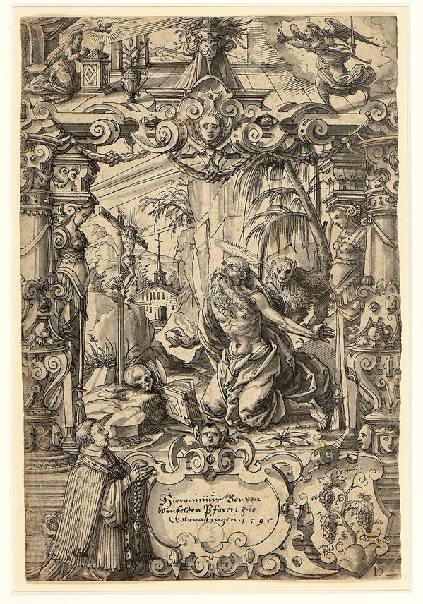 Daniel LINDTMAYER - Design for a Stained-Glass Window: Saint Jerome in the Desert with the Annunciation Above, and a Kneeling Donor and a Coat of Arms Below | MasterArt